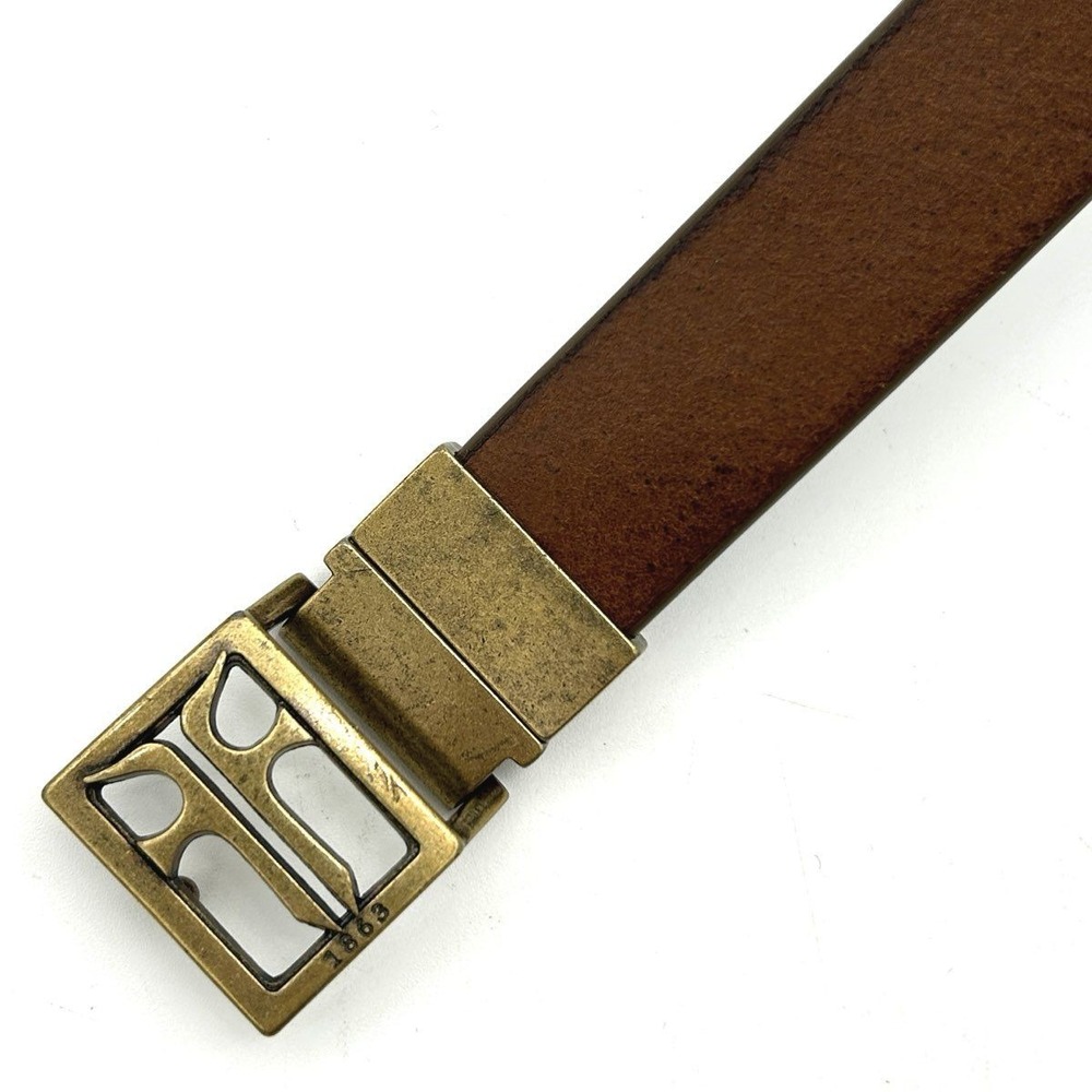 Frye Men's Brown Genuine Leather Belt Antique Brass Logo Buckle Size M